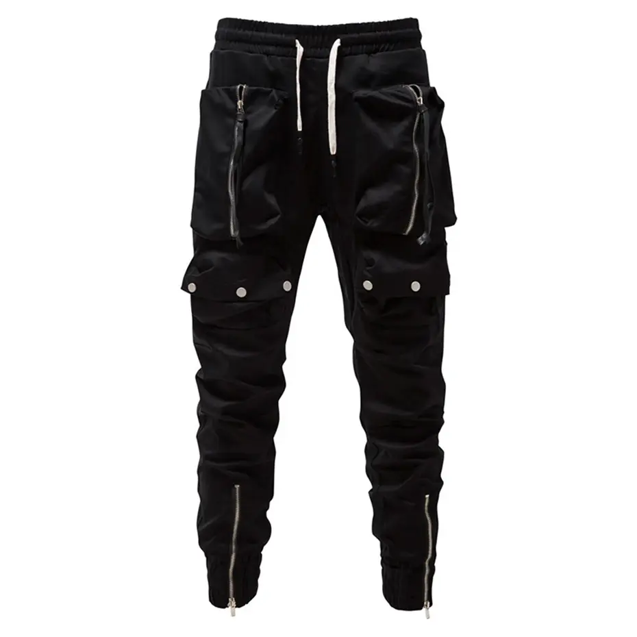 Fashion Punk Pants Zipper Pockets Cargo Pants Joggers Men Black Streetwear Hip Hop Trousers