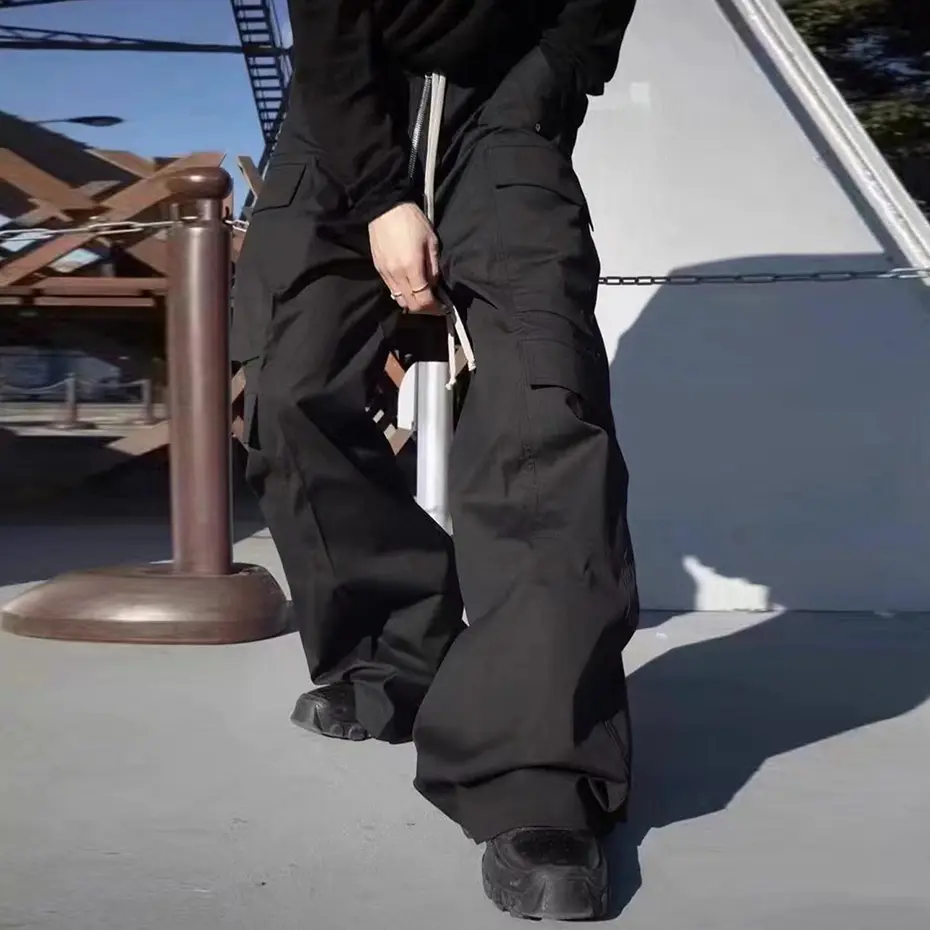 Ro Style Wide Leg Drawstring Black Cargo Pants Unisex Straight Baggy Casual Overalls Men's Streetwear Loose Oversized Trousers