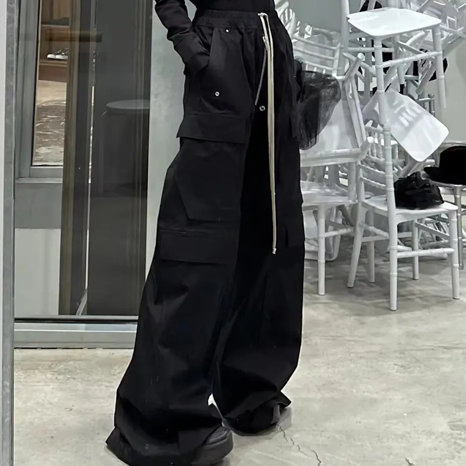 Ro Style Wide Leg Drawstring Black Cargo Pants Unisex Straight Baggy Casual Overalls Men's Streetwear Loose Oversized Trousers