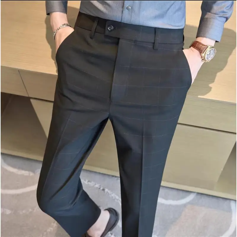 Men Plaid Wedding Dress Trousers High Quality Male Boutique Formal Wear Slim Suits Pants Men British Style Business Suit Pants