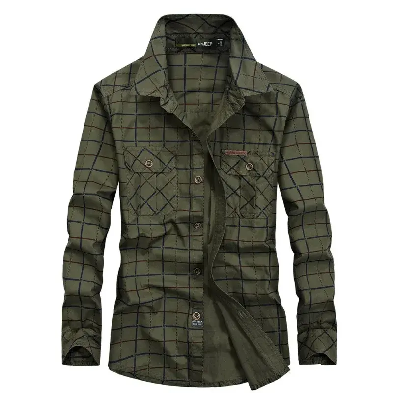 New Spring Men Multi pockets Military Outdoor Tooling Shirts Male Plaid Casual Shirts Quality Man Cotton Long-sleeved Shirts 3XL