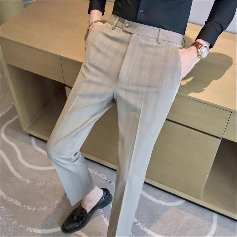 Men Plaid Wedding Dress Trousers High Quality Male Boutique Formal Wear Slim Suits Pants Men British Style Business Suit Pants