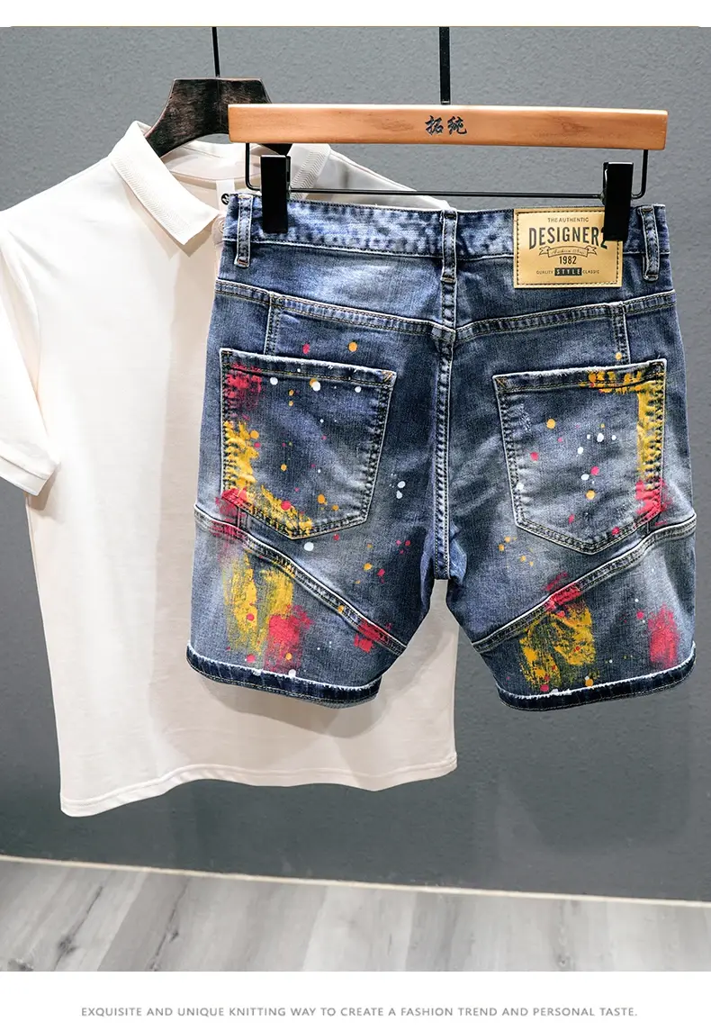 Men Fashion Denim Shorts Jeans New Summer Male Blue Ripped Jeans Shorts High Quality Man Paint Splash Technology Denim Shorts