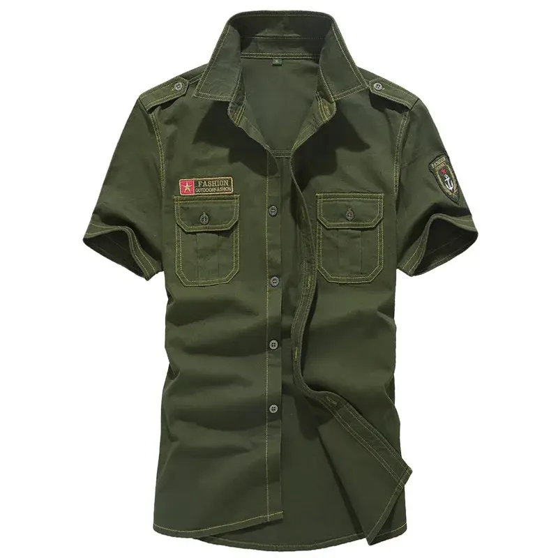 Men Short Sleeve Military Stytle Tooling Shirts High Quality Men Cotton Casual Shirts New Summer Men Solid Color Shirts Size 6XL