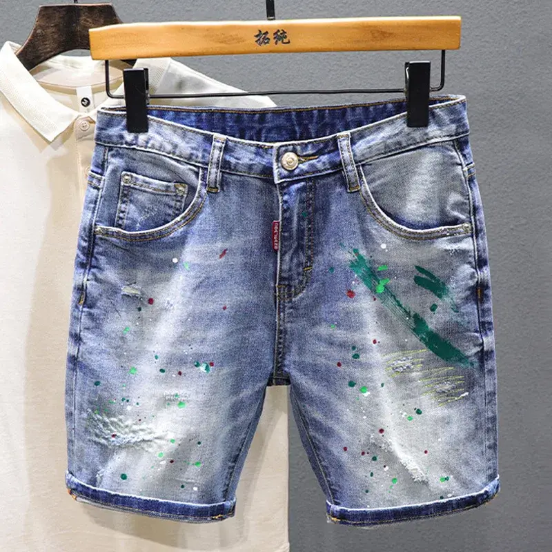 Men Fashion Denim Shorts Jeans New Summer Male Blue Ripped Jeans Shorts High Quality Man Paint Splash Technology Denim Shorts