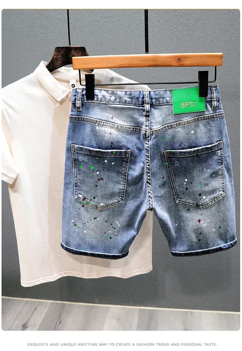 Men Fashion Denim Shorts Jeans New Summer Male Blue Ripped Jeans Shorts High Quality Man Paint Splash Technology Denim Shorts