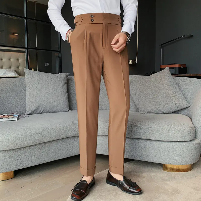 Men British Style Suits Pants New Male Solid High Waist Trousers High Quality Men Formal Slim Fit Business Casual Suit Pants