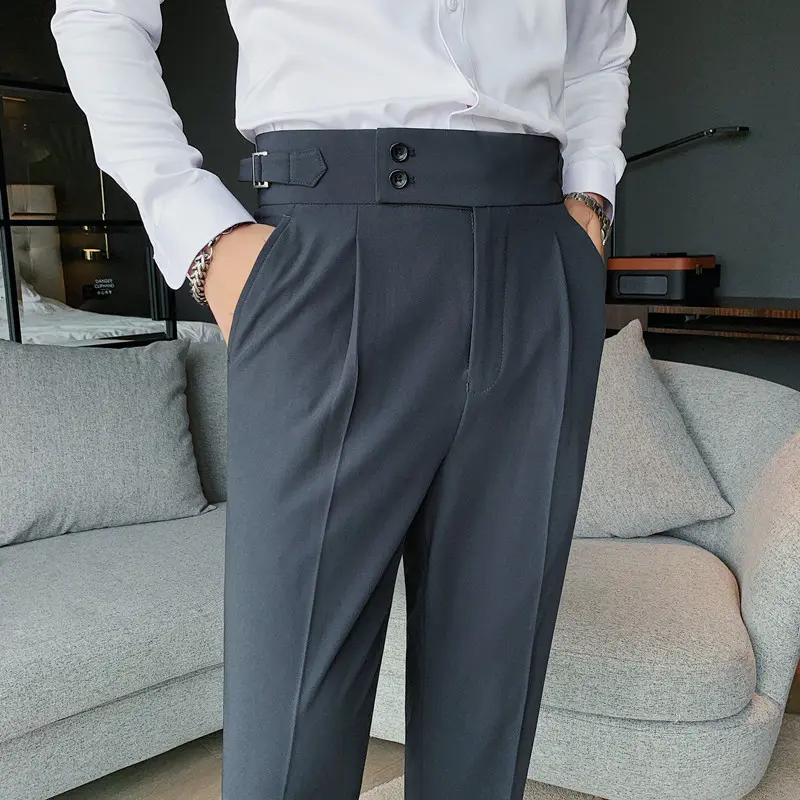 Men British Style Suits Pants New Male Solid High Waist Trousers High Quality Men Formal Slim Fit Business Casual Suit Pants
