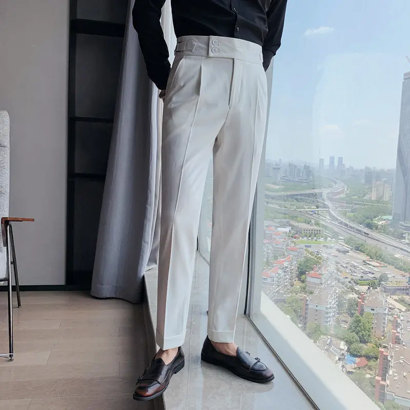Men British Style Suits Pants New Male Solid High Waist Trousers High Quality Men Formal Slim Fit Business Casual Suit Pants