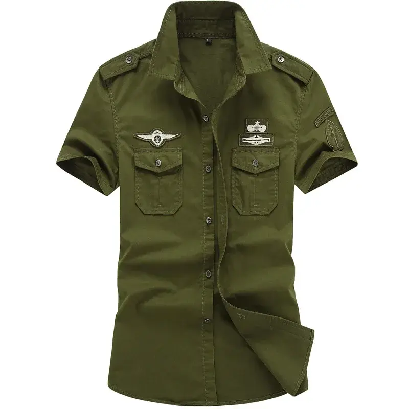 New Summer Men Short Sleeved Tooling Shirts Male Outdoor Multi Pockets Cargo Shirts Quality Men Cotton Casual Shirts Size 6XL