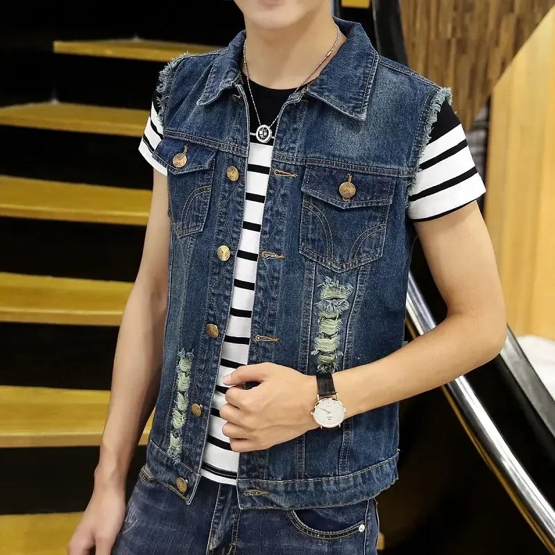 Men Ripped Denim Waistcoats Vests Jackets Light Blue Holes Denim Coats Vests New Fashion Male Cotton Slim Jeans Waistcoats 6XL