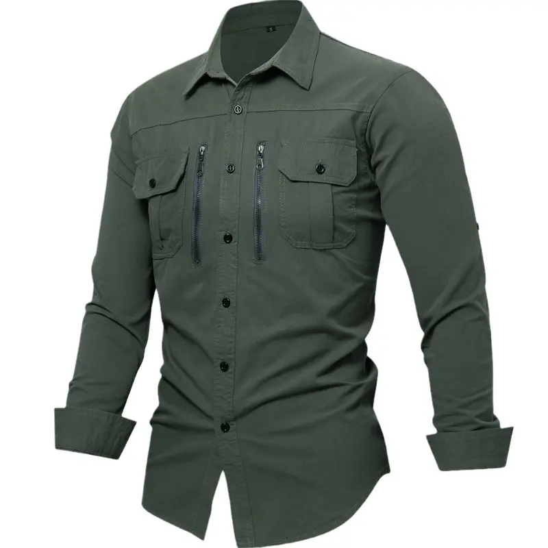 High Quality Cotton 100% Men Outdoor Multi Pockets Long Sleeved Cargo Shirts Man Loose Shirts New Male Solid Casual Shirts 3XL