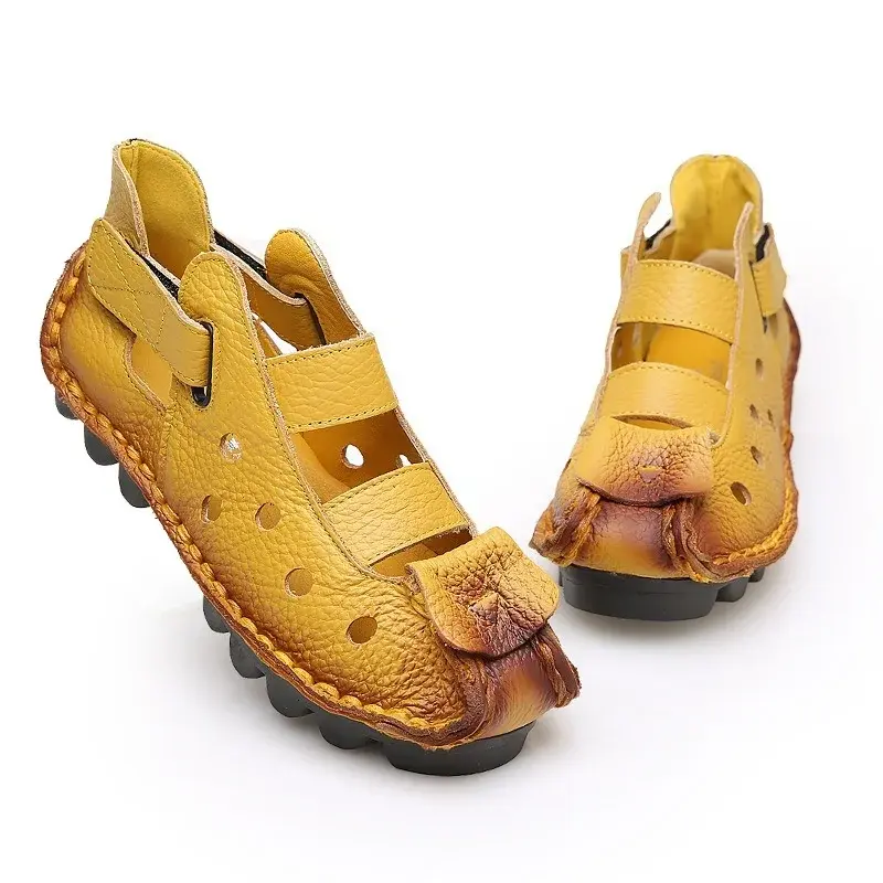 XIHAHA Summer Leisure Cave Soft Bottom Flat Genuine Leather Woman Shoes Personality Women Sandals Retro Handmade Sandals Sapato