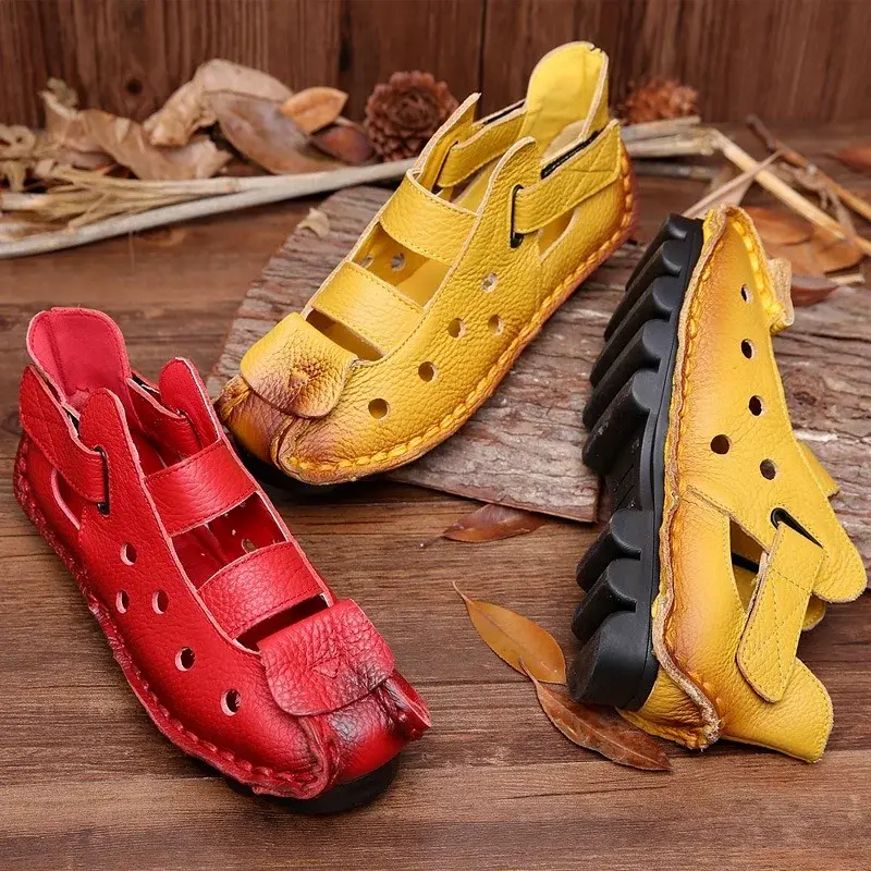 XIHAHA Summer Leisure Cave Soft Bottom Flat Genuine Leather Woman Shoes Personality Women Sandals Retro Handmade Sandals Sapato