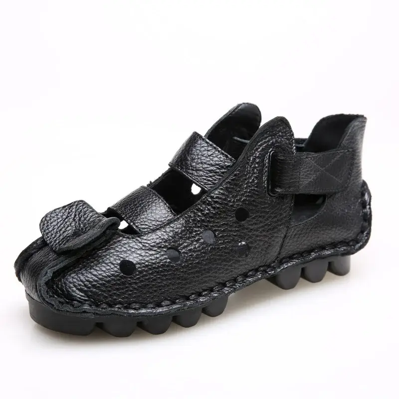 XIHAHA Summer Leisure Cave Soft Bottom Flat Genuine Leather Woman Shoes Personality Women Sandals Retro Handmade Sandals Sapato
