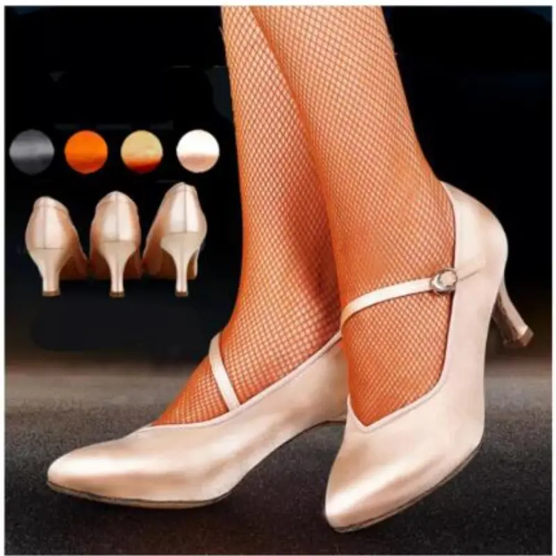 XIHAHA Fashion Brand Women Dance Shoes Tan Satin High Low Heel Ladies Ballroom Dance Shoes Soft Outsole Modern Dance Shoes