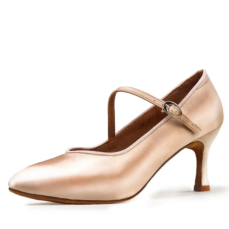 XIHAHA Fashion Brand Women Dance Shoes Tan Satin High Low Heel Ladies Ballroom Dance Shoes Soft Outsole Modern Dance Shoes