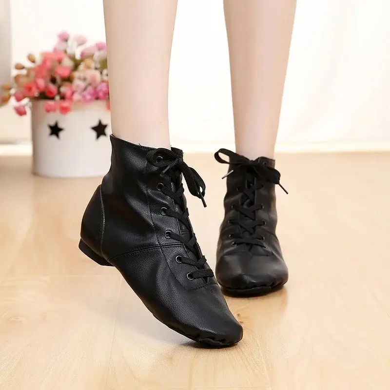 XIHAHA Fashion Child Dancing Shoes PU Leather High Gang Mens Jazz Shoes Women Split Sole Soft Sneaker Gym Dance Black Couples
