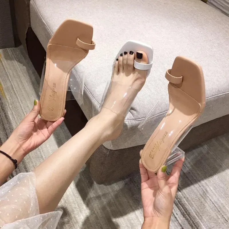 Summer New Style Fish Mouth Fashion Transparent Shoes Sandals Slippers Women's Crystal Heel Stiletto Mid-heel Casual Woman Shoes