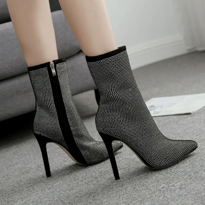 XIHAHA High Thin Heeled Pants Boots for Women Mid Calf Rhinestone Bling Pointed Toed Slip-on Fashion Brand New Lady Booties