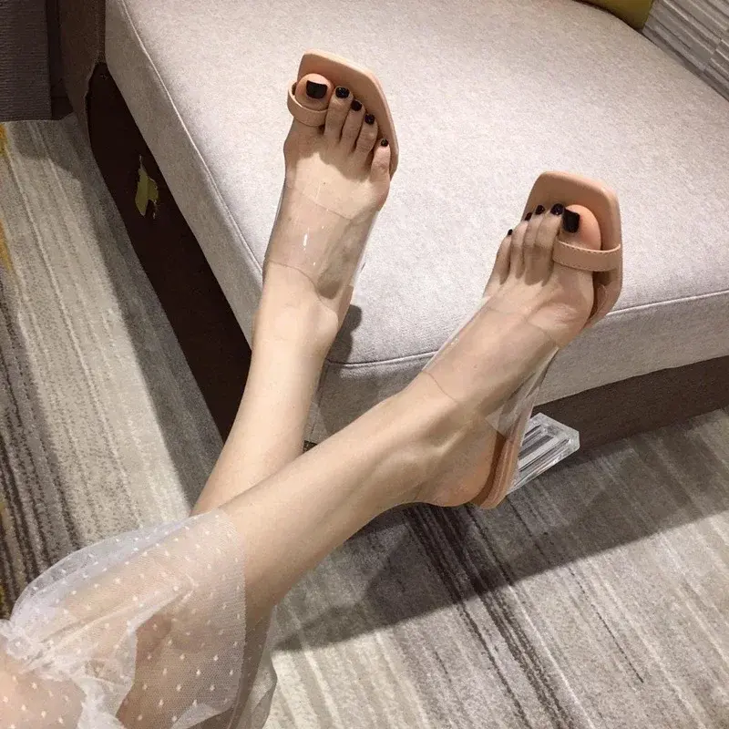 Summer New Style Fish Mouth Fashion Transparent Shoes Sandals Slippers Women's Crystal Heel Stiletto Mid-heel Casual Woman Shoes