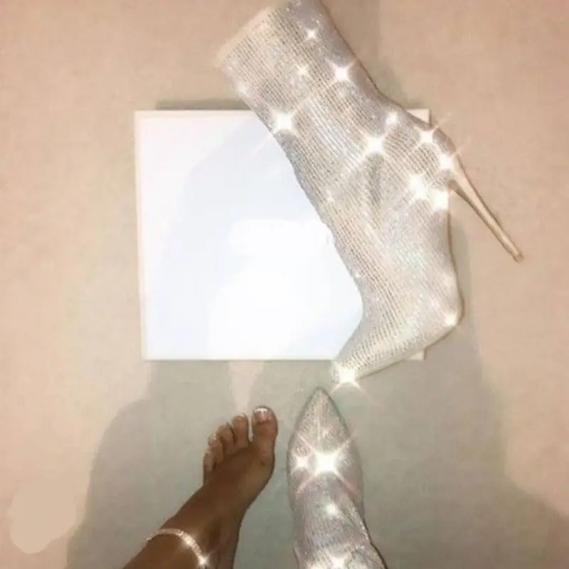 XIHAHA High Thin Heeled Pants Boots for Women Mid Calf Rhinestone Bling Pointed Toed Slip-on Fashion Brand New Lady Booties