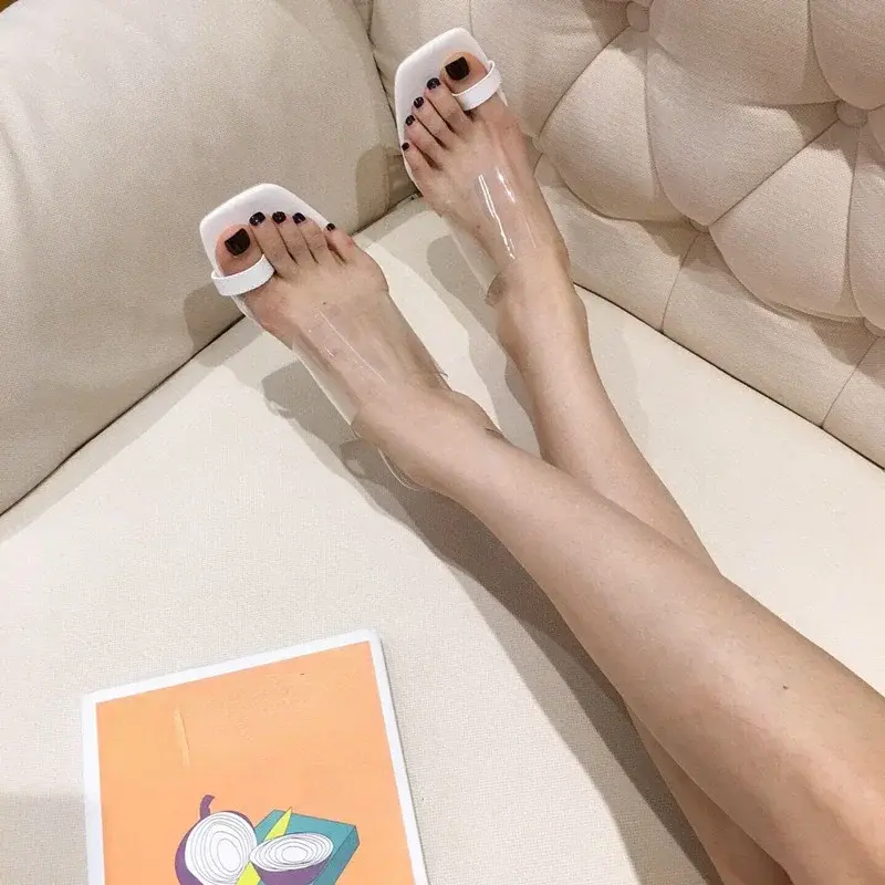 Summer New Style Fish Mouth Fashion Transparent Shoes Sandals Slippers Women's Crystal Heel Stiletto Mid-heel Casual Woman Shoes