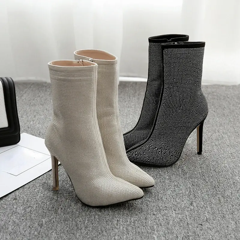 XIHAHA High Thin Heeled Pants Boots for Women Mid Calf Rhinestone Bling Pointed Toed Slip-on Fashion Brand New Lady Booties