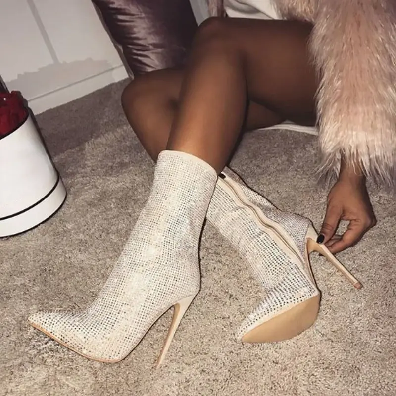 XIHAHA High Thin Heeled Pants Boots for Women Mid Calf Rhinestone Bling Pointed Toed Slip-on Fashion Brand New Lady Booties