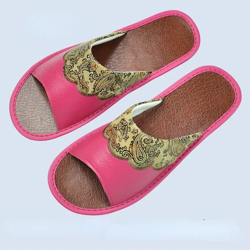 XIHAHA Woman Leather Embroider Slippers Home Indoor House Slippers Women Luxury Soft Flats Shoes Slipper Cool Sandals Home Shoes