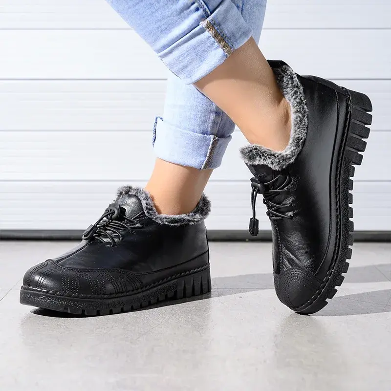 XIHAHA Casual Women Flat Shoes Woman PU Leather Snow Boots Women Mom Shoes Women's Winter Shoe Female Boots Soft Women's Shoes