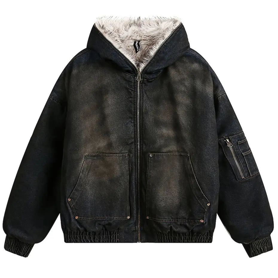 Vintage Denim Parkas Fur Warm Padded Jackets Men Streetwear Harajuku Oversized Bubble Coat Outwear
