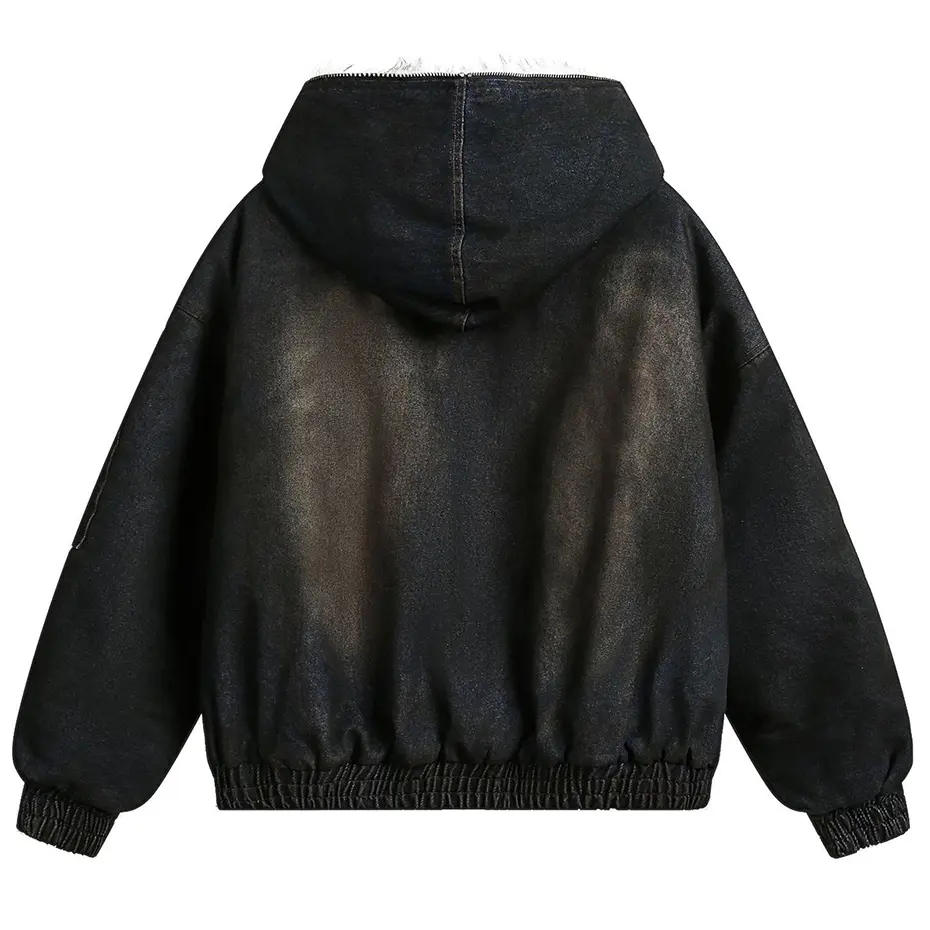 Vintage Denim Parkas Fur Warm Padded Jackets Men Streetwear Harajuku Oversized Bubble Coat Outwear