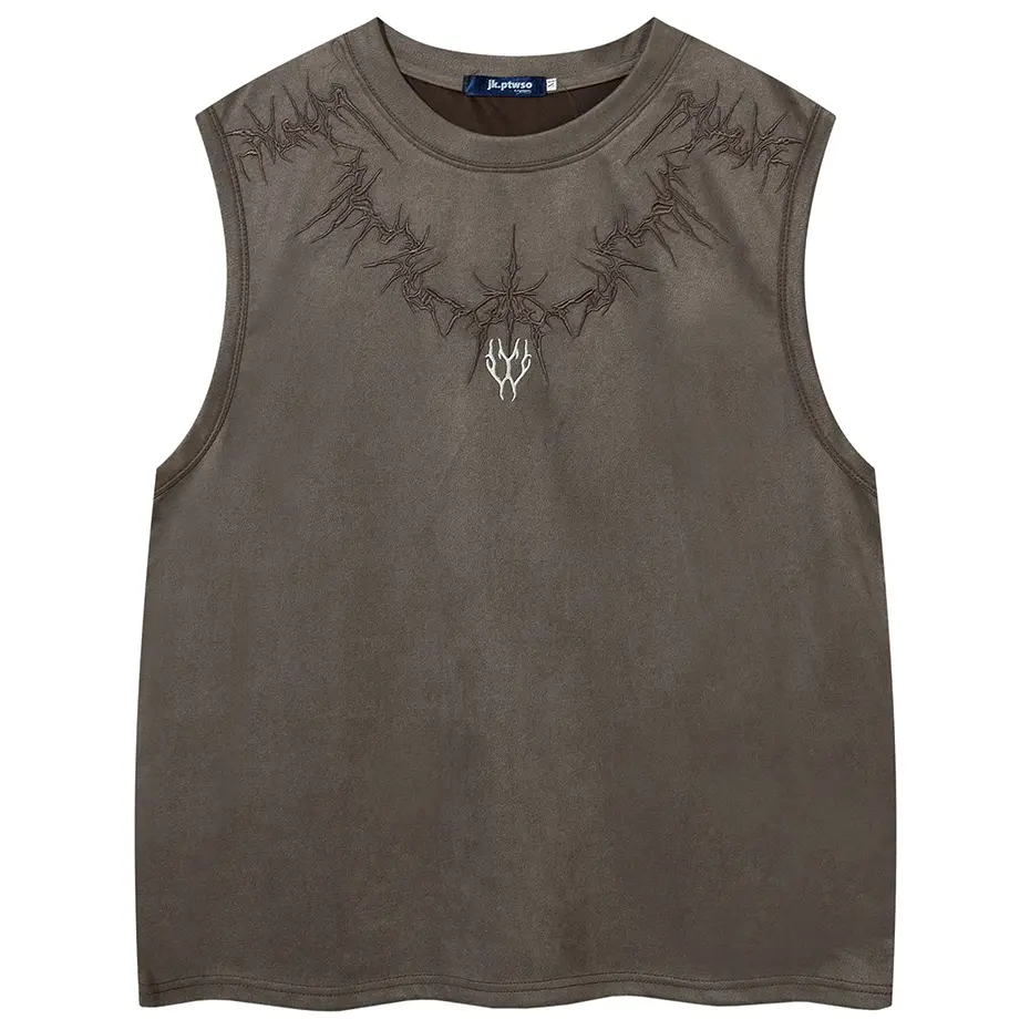 Vintage Suede Tank Top Y2K Embroidery Sleeveless Vest T-Shirt Streetwear 2024 Men Harajuku Hip Hop Loose Punk Gothic Tops Shirts