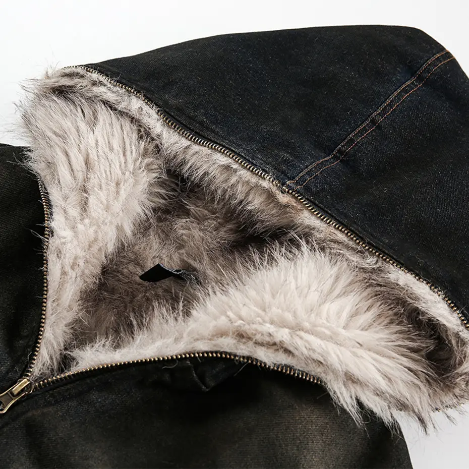 Vintage Denim Parkas Fur Warm Padded Jackets Men Streetwear Harajuku Oversized Bubble Coat Outwear