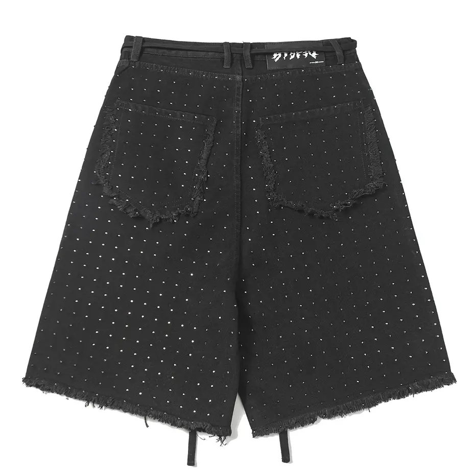Rhinestone Denim Shorts Men's Streetwear Harajuku Hip Hop Shorts Hi Street Black Denim Shorts Unisex