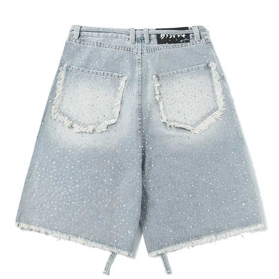 Rhinestone Denim Shorts Men's Streetwear Harajuku Hip Hop Shorts Hi Street Black Denim Shorts Unisex