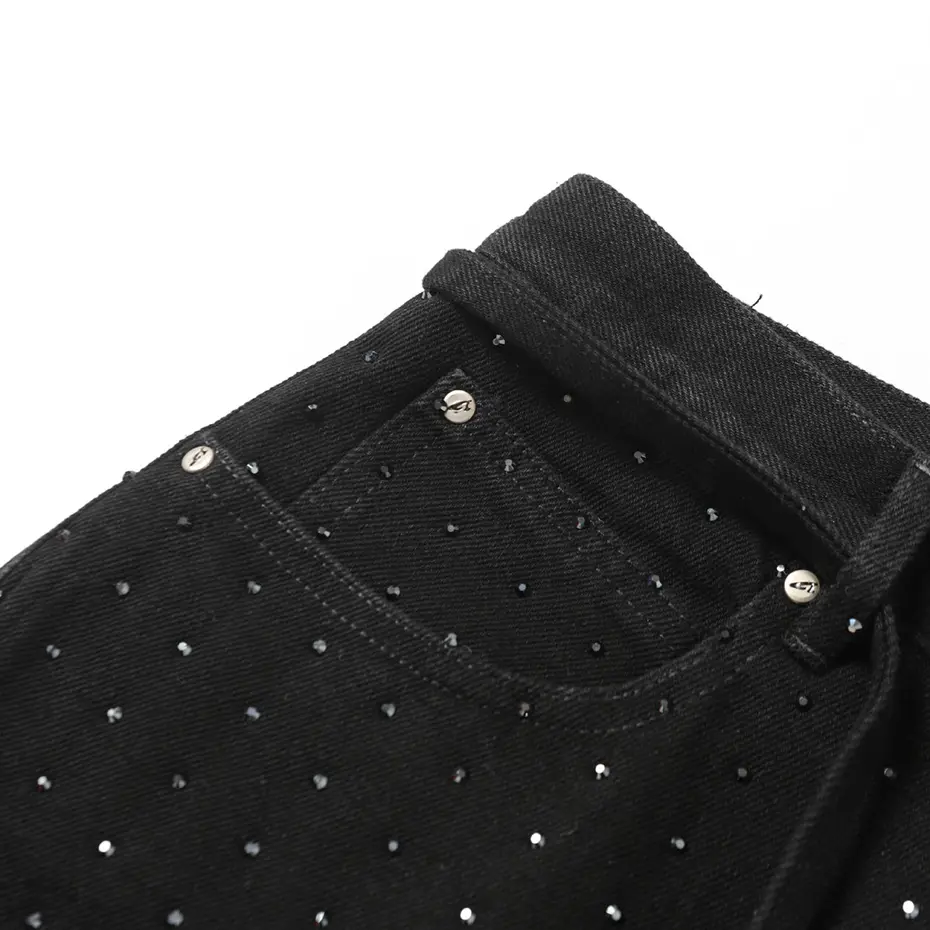 Rhinestone Denim Shorts Men's Streetwear Harajuku Hip Hop Shorts Hi Street Black Denim Shorts Unisex