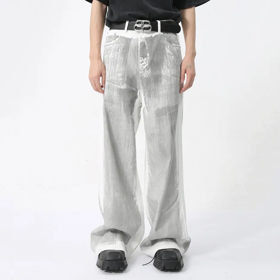 Men's White Baggy Jeans Dirty Printed Grunge Y2K Loose Straight Denim Pants Harajuku Oversized Streetwear Jeans Trousers Male