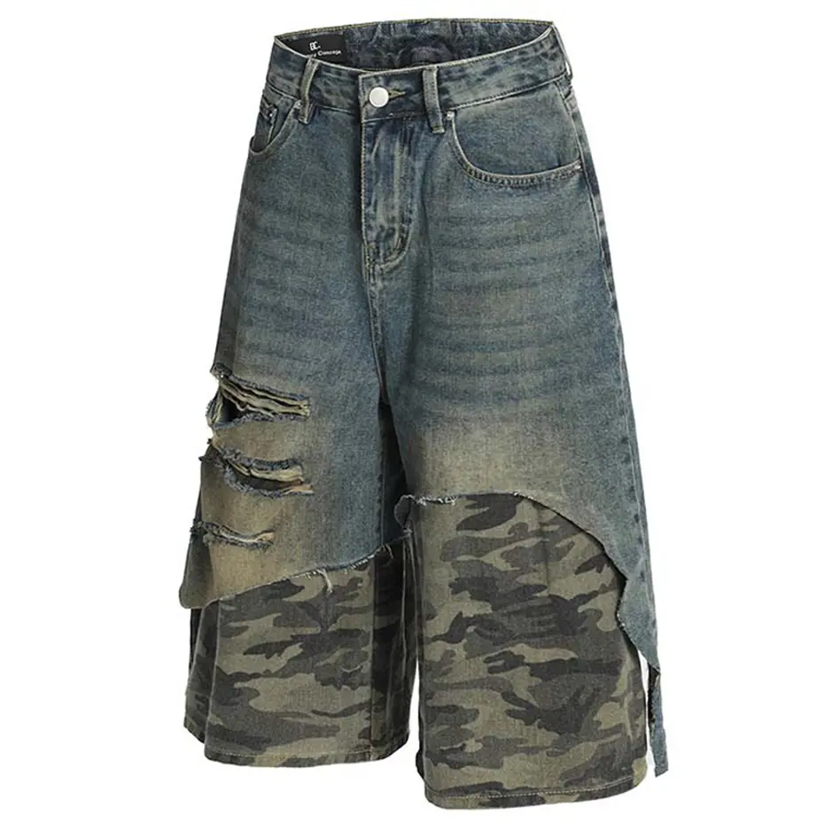 Camouflage Patchwork Denim Shorts Men Summer Vintage Loose Jeans Shorts Streetwear Harajuku Hip Hop Shorts