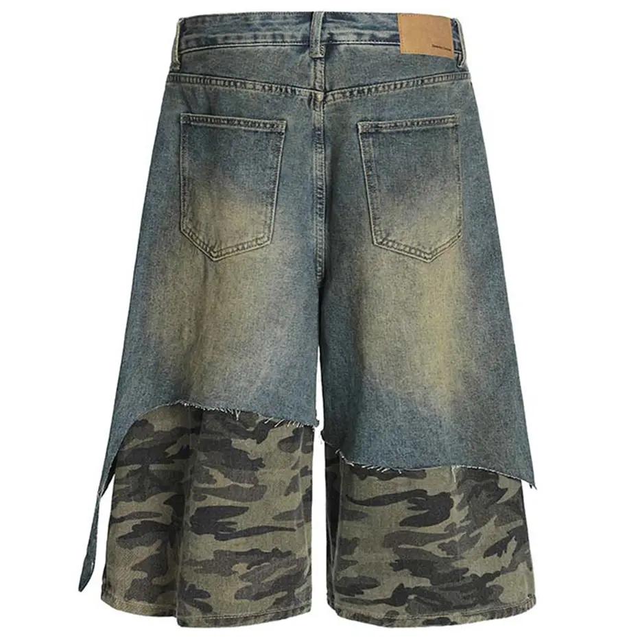 Camouflage Patchwork Denim Shorts Men Summer Vintage Loose Jeans Shorts Streetwear Harajuku Hip Hop Shorts