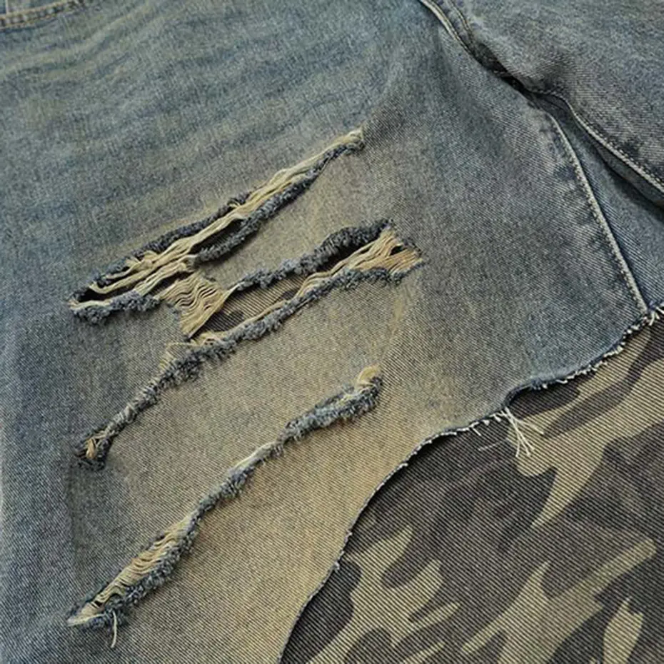 Camouflage Patchwork Denim Shorts Men Summer Vintage Loose Jeans Shorts Streetwear Harajuku Hip Hop Shorts