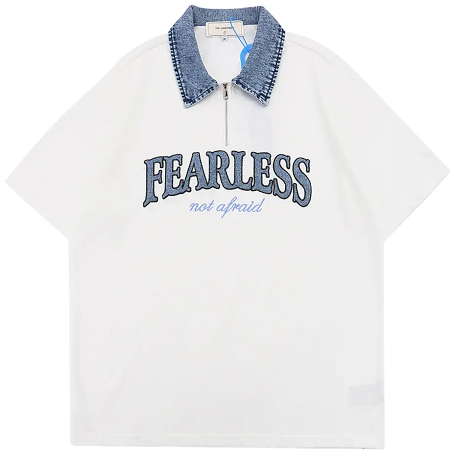 Harajuku Fashion Polo T Shirts Denim Colar Letter Y2K Tops Men Streetwear Hip Hop Oversized T-shirt Black White