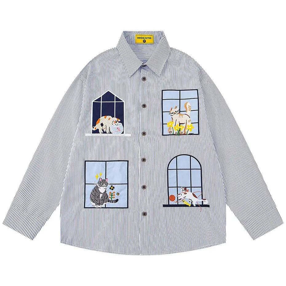 Funny Cats Graphic Shirts Loose Casual Long Sleeve Shirts Button Up Blouse Streetwear Harajuku Oversized Shirts