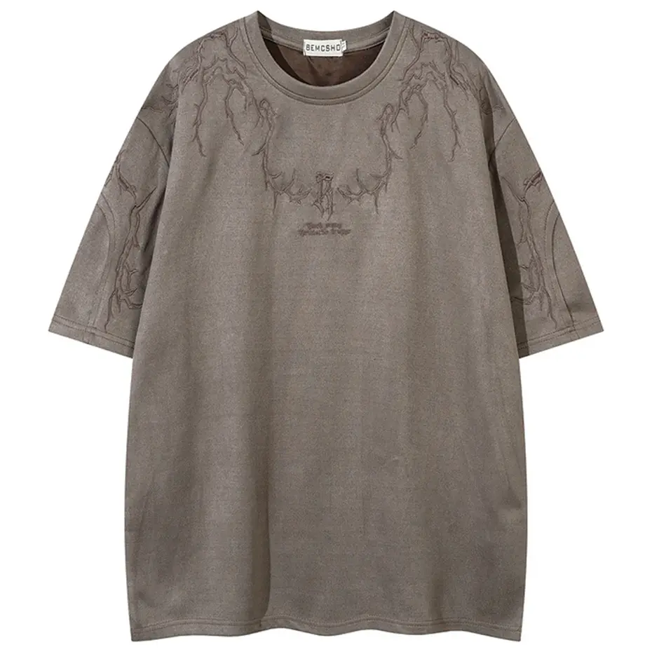Embroidery Vintage Suede T Shirt Streetwear Harajuku Hip Hop Oversized T-shirt Summer Tee Tops Unisex