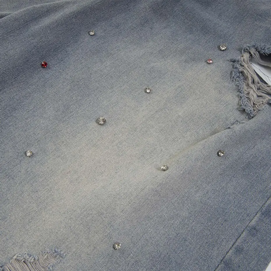 Rhinestone Denim Shorts Men Streetwear Harajuku Vintage Blue Ripped Jeans Shorts Casual Loose Shorts