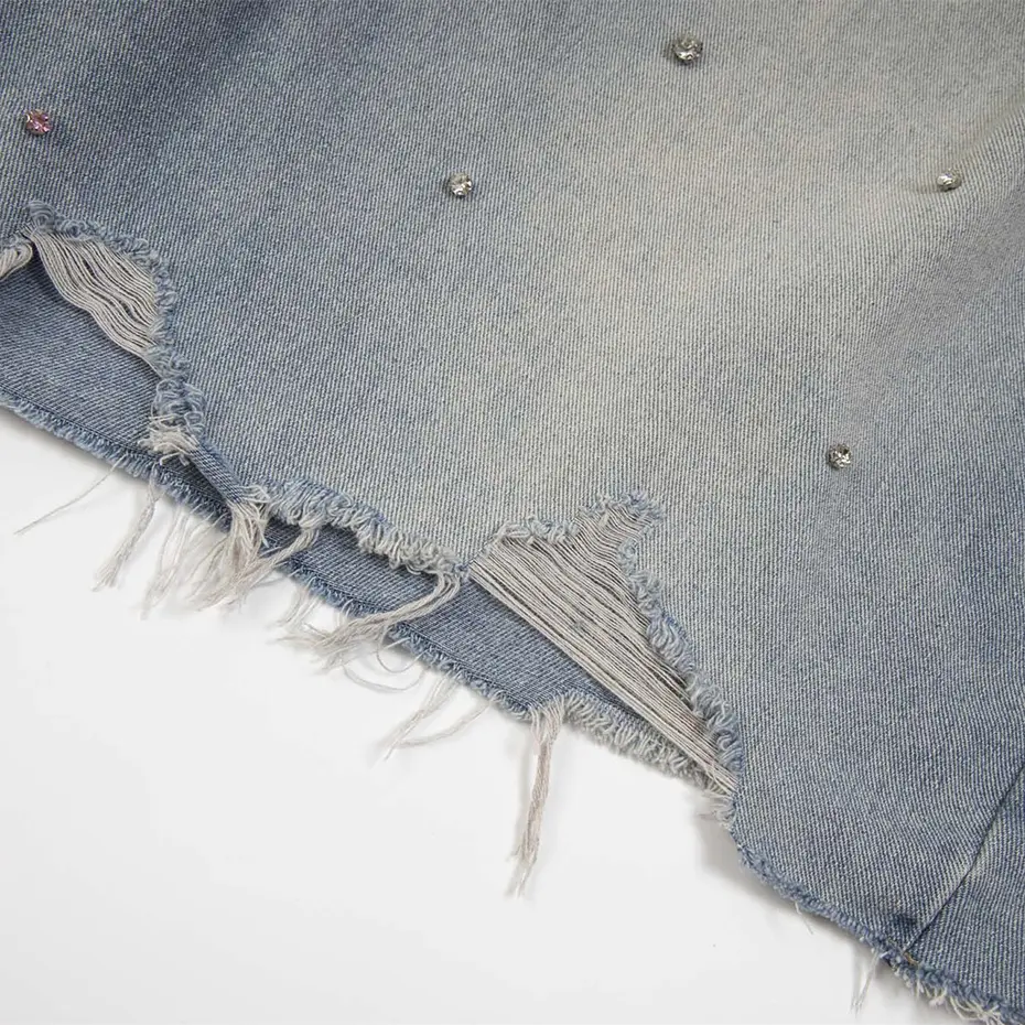 Rhinestone Denim Shorts Men Streetwear Harajuku Vintage Blue Ripped Jeans Shorts Casual Loose Shorts