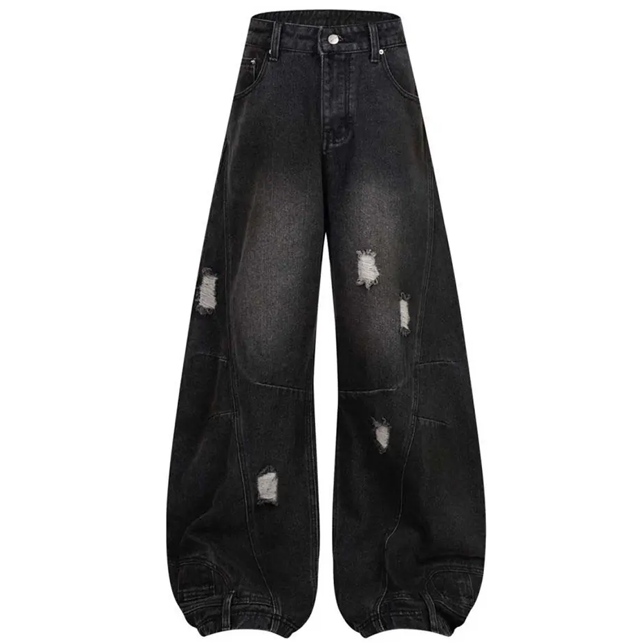 Wide Leg Jeans Ripped Patchwork Loose Denim Pants Vintage Blue Black Jeans Trousers Men Streetwear Hip Hop Jeans
