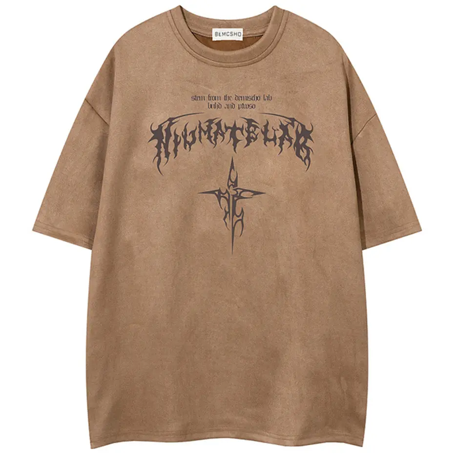 2025 Summer Men Vintage Suede T Shirt Cross Graphic Gothic Punk Tee Tops Streetwear Harajuku Oversized Hip Hop T-shirt Male
