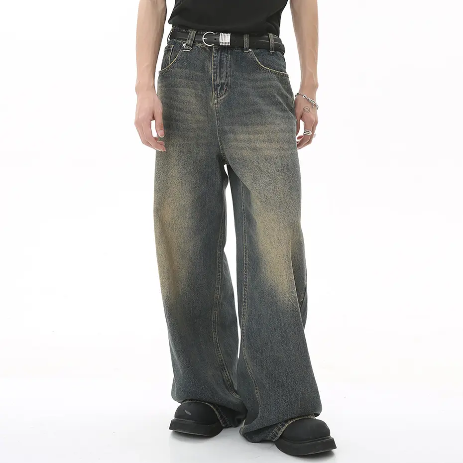 Vintage Blue Loose Denim Pants Men Retro Straight Baggy Jeans 2025 Wide Leg Casual Black Jeans Trousers